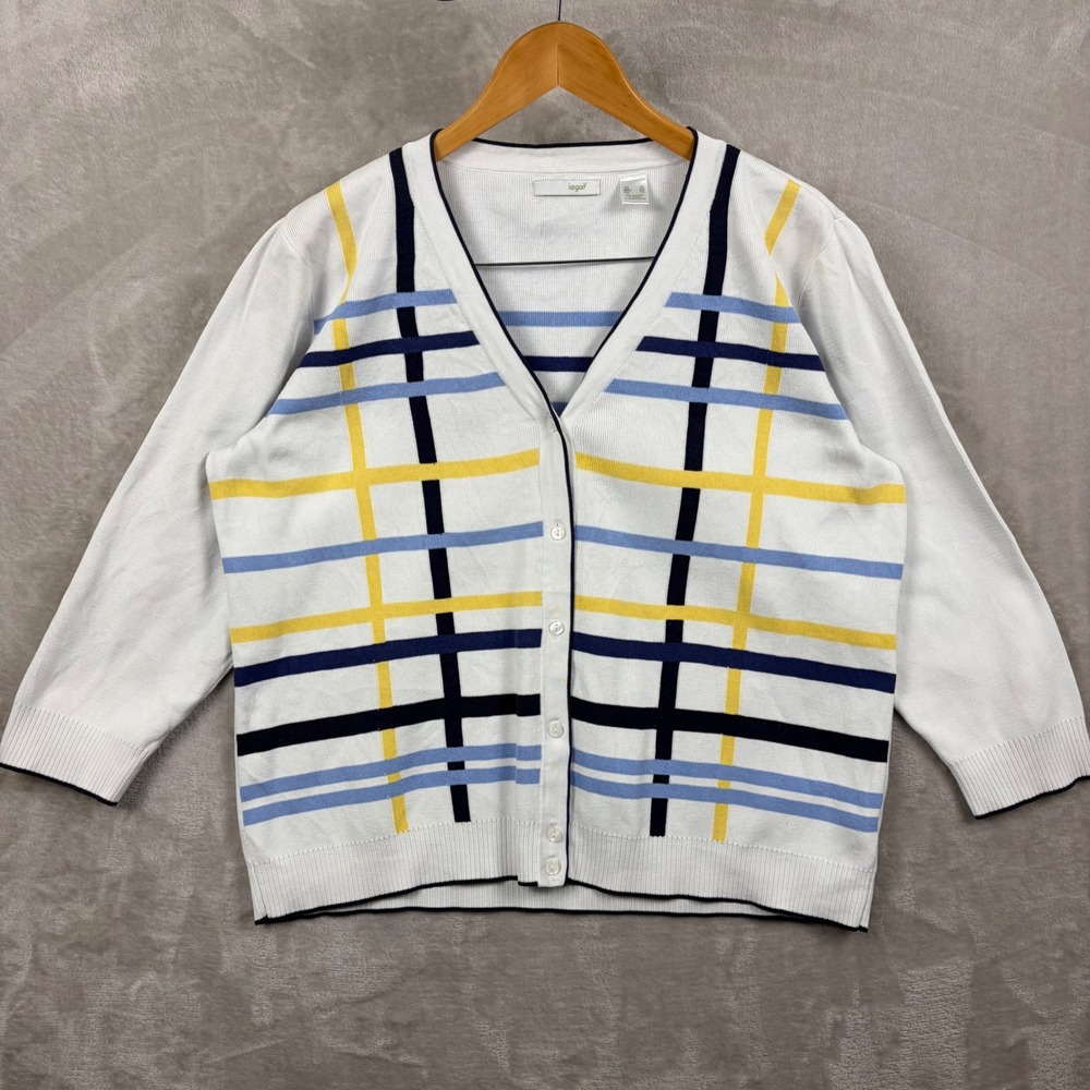 Liz Golf Cardigan Women XL White Plaid V Neck Buttons Sporty Classic Preppy